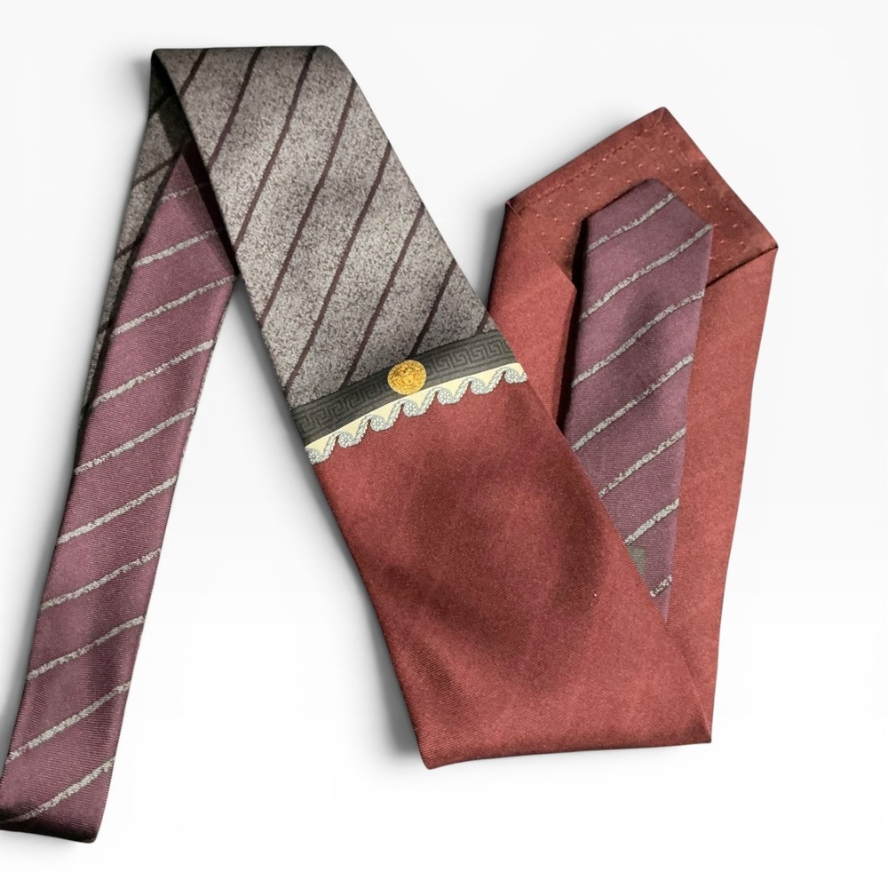 Versace Vintage Silk Tie Medusa Greek Key Burgundy Striped Italy 90s